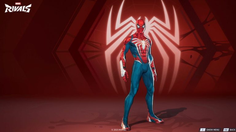 spiderman from marvel rivals standing up in front of his spider logo