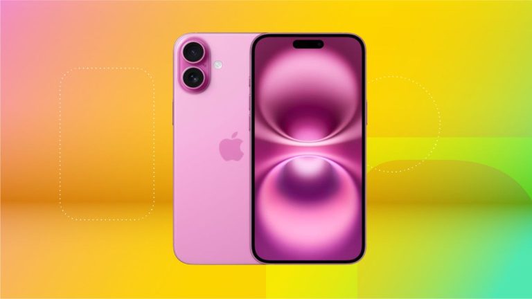 pink Apple iPhone 16 against peach, gold, and mint green gradient background
