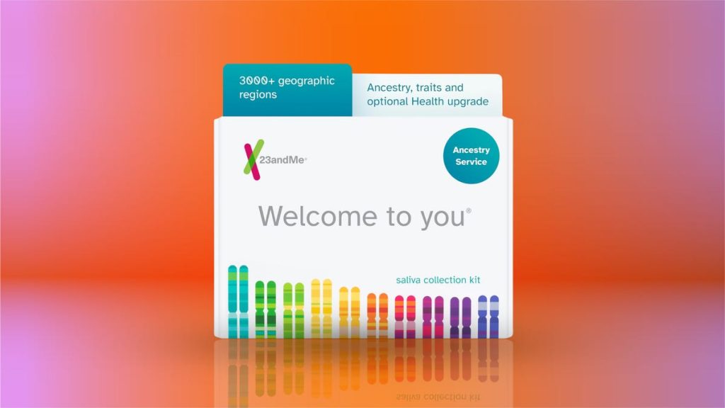 The 23andMe DNA test kit is displayed against an orange and pink background.