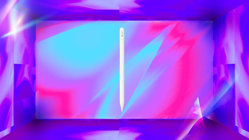 White Apple pencil against cyan, purple and hot pink gradient background.