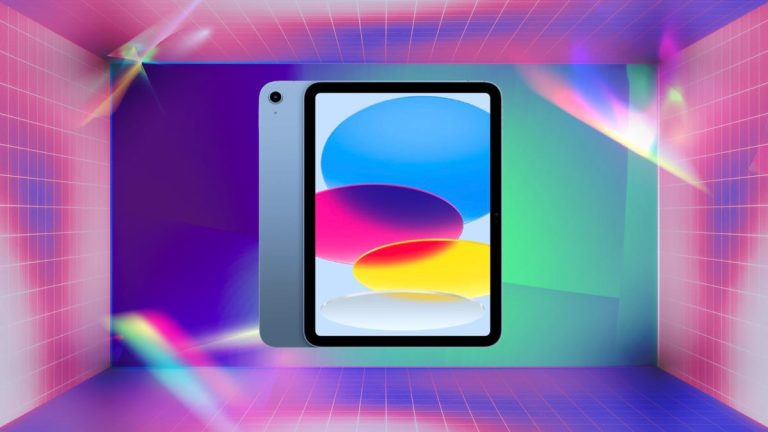 Blue iPad against green, purple and pink background.