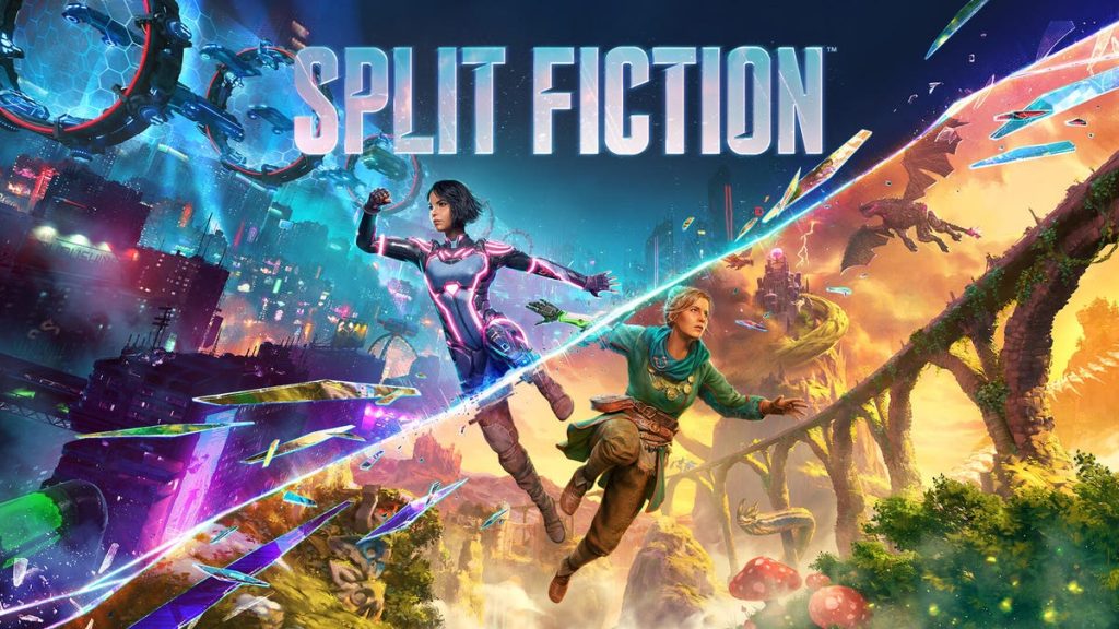 Logo art for a game with two characters in sci-fi and fantasy clothes split apart.