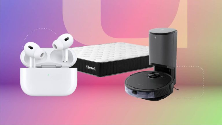 A pair of earbuds, mattress and robot vacuum against a pink gradient CNET background.