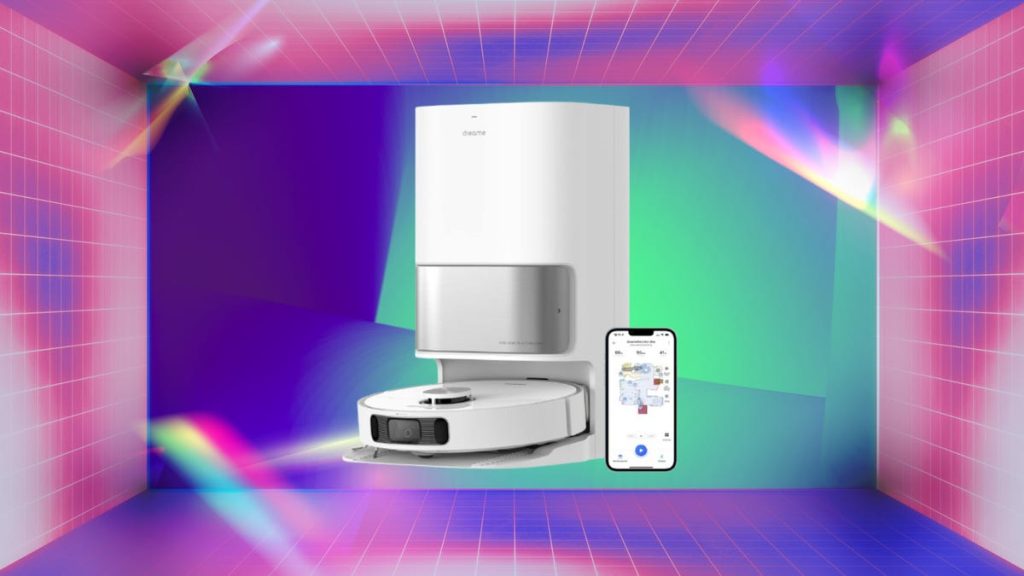 White robot vacuum and mop with smartphone to the right. Purple, green pink and blue gradient.