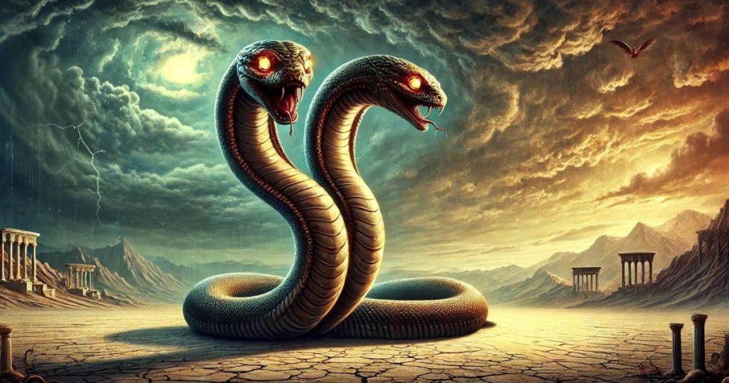 el temible reptil de dos cabezas nacido de la sangre de Medusa en la mitología griega