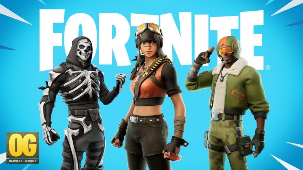 in front of the Fortnite logo on a blue background, three characters face front -- a skeleton costume, a women with a bandolier and googles, and a man in a green flight suit and helmet